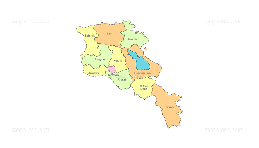 Armenia Regions Map PNG Image with Different Colors