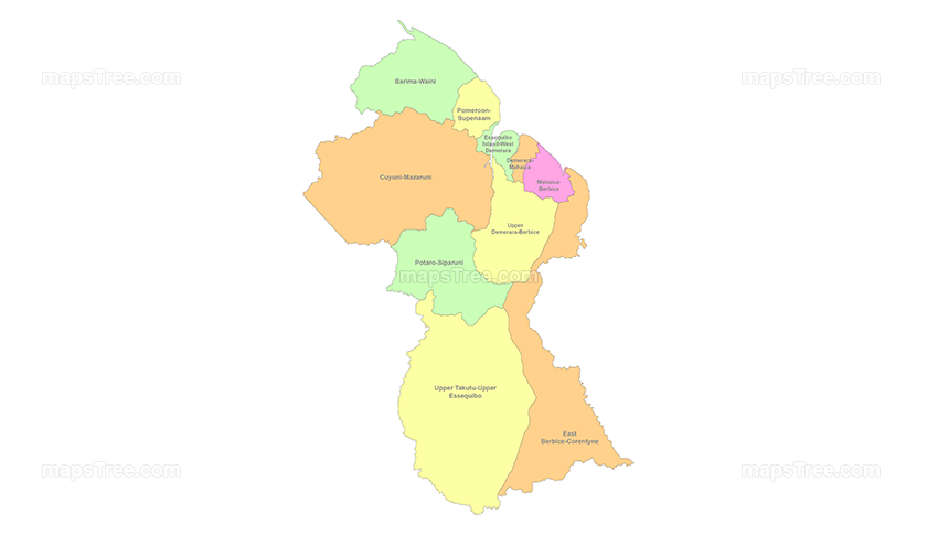 Guyana Regions Map PNG Image with Different Colors