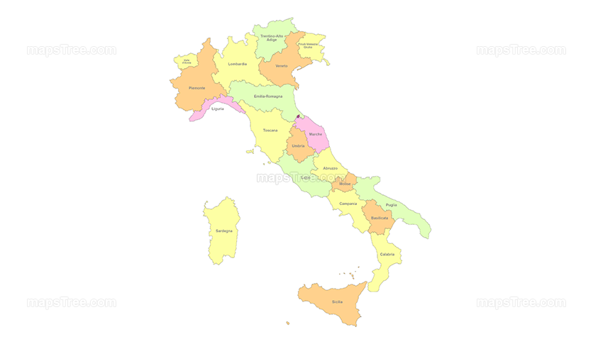 Italy Regions Map PNG Image with Different Colors