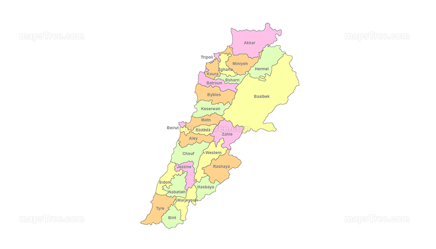 Lebanon Regions Map PNG Image with Different Colors