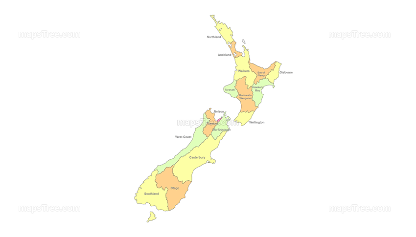 New Zealand Regions Map PNG Image with Different Colors