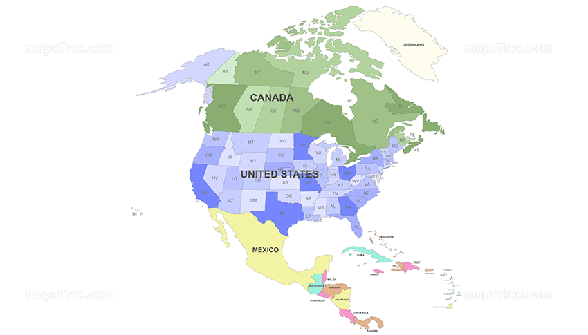 North American Countries Map PNG Image with Different Colors