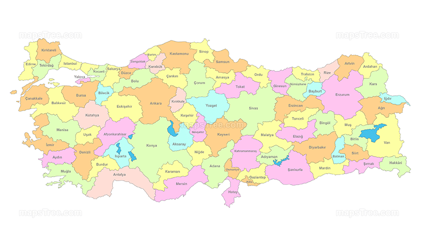 Turkey Provinces Map PNG Image with Different Colors