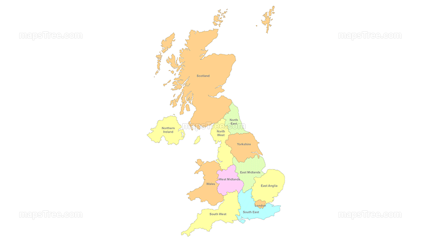 UK Regions Map PNG Image with Different Colors