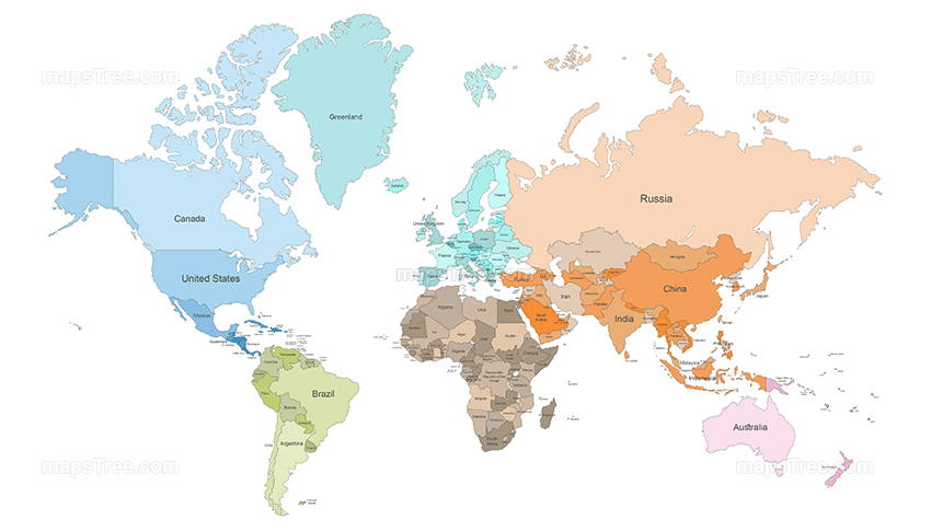 World Countries Map PNG Image with Different Colors